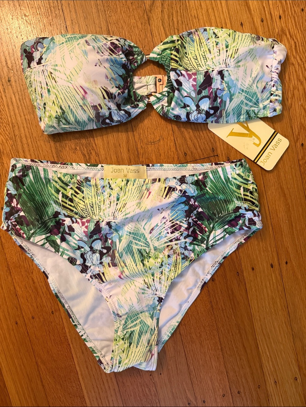 Joan Vass Tropical Bandeau Bikini Set - Green, Teal & Purple